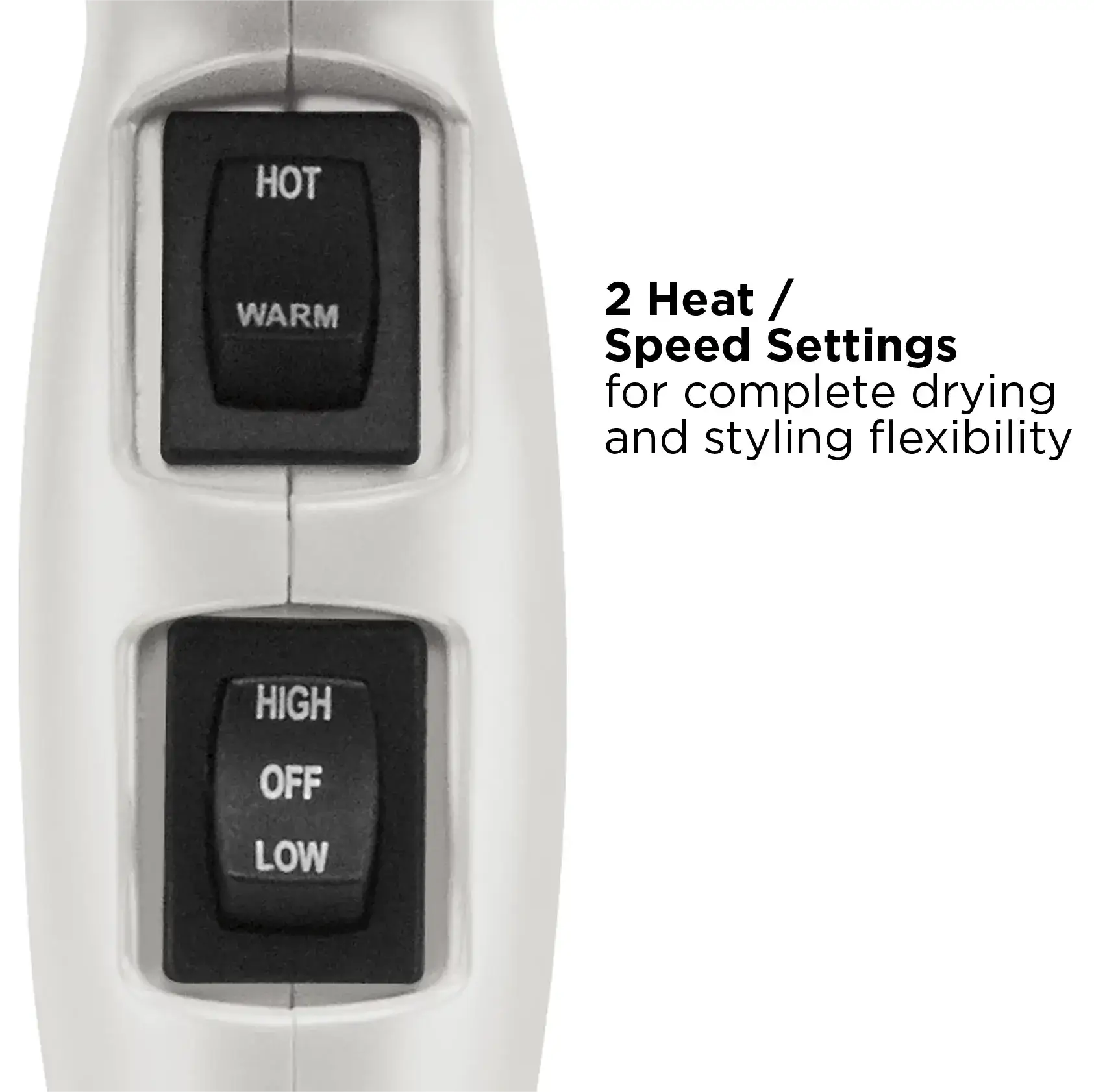 Hair dryer with two heat and speed settings controls.