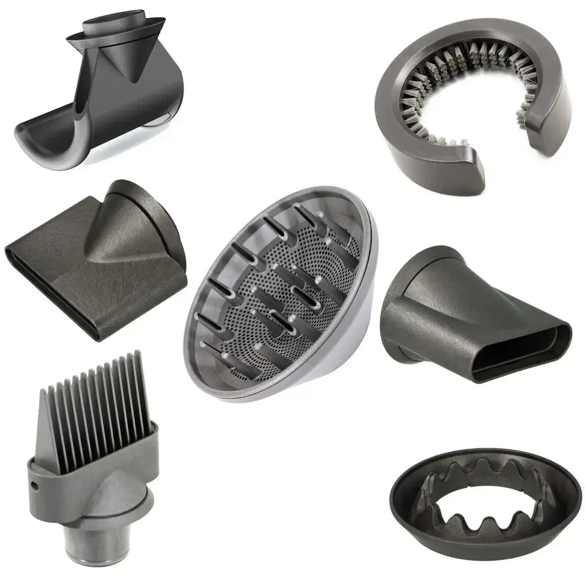Various hair dryer nozzles and attachments for styling.