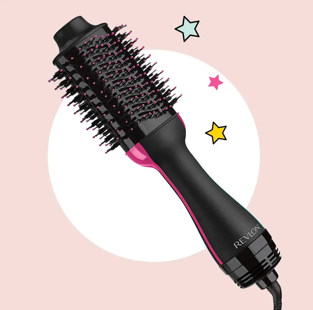 Pink and black brush hair dryer with decorative stars.