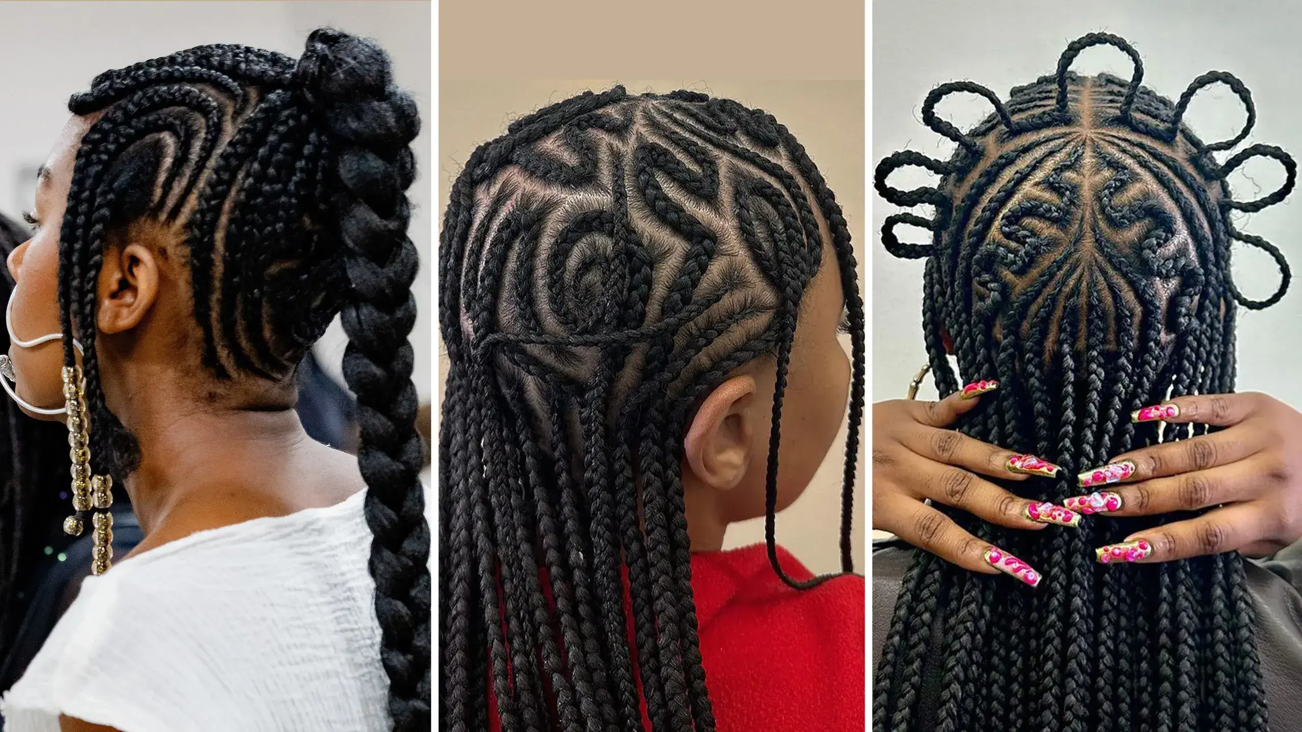 Three styles of intricate braided hairstyles.
