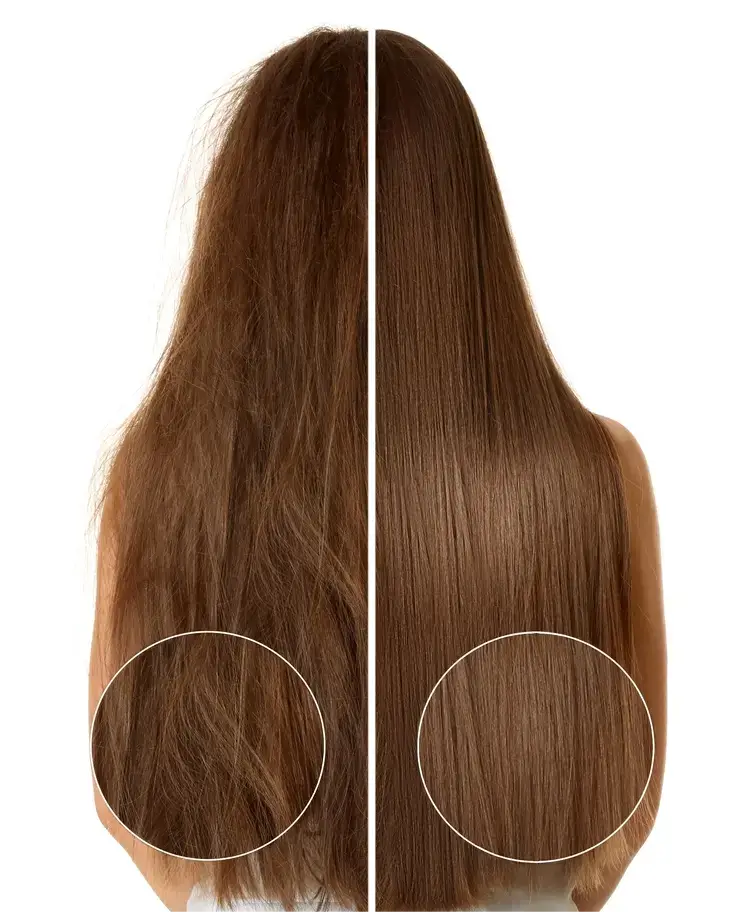 Hair comparison: Left frizzy, right smooth, circled detail.