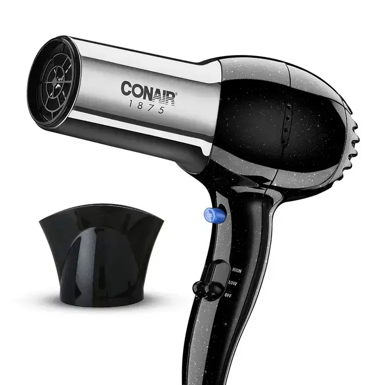 Black and silver Conair hair dryer with concentrator attachment.