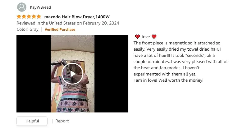 Customer review of maxodo hair dryer with video attachment.