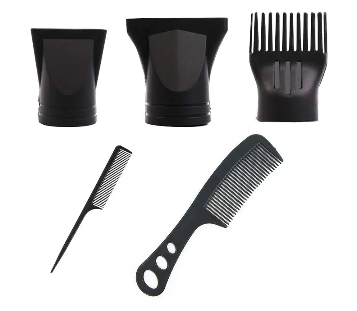 Hair dryer attachments and styling combs isolated on white.