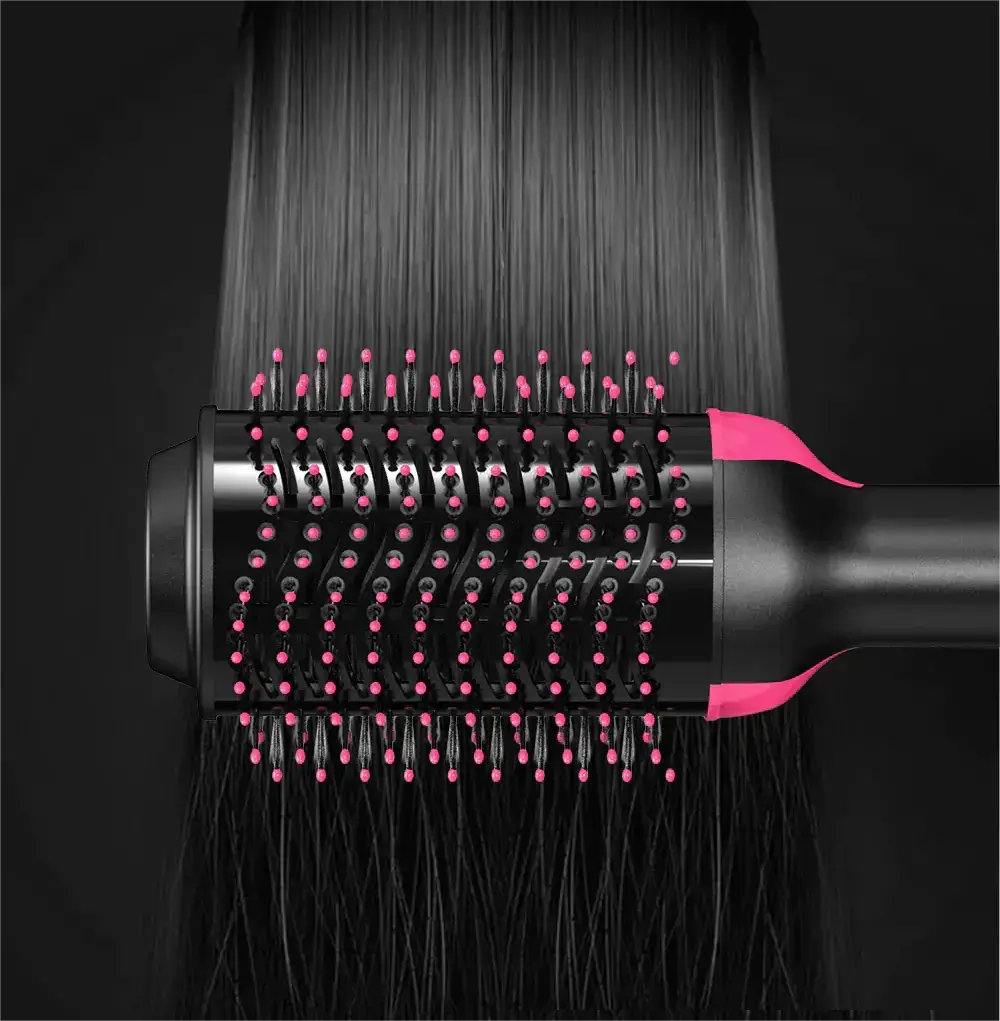 Hair dryer brush straightening dark, long hair.