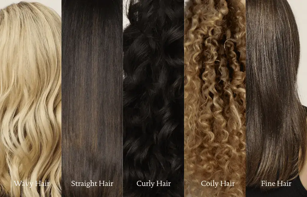Assorted hair types: wavy, straight, curly, coily, fine.