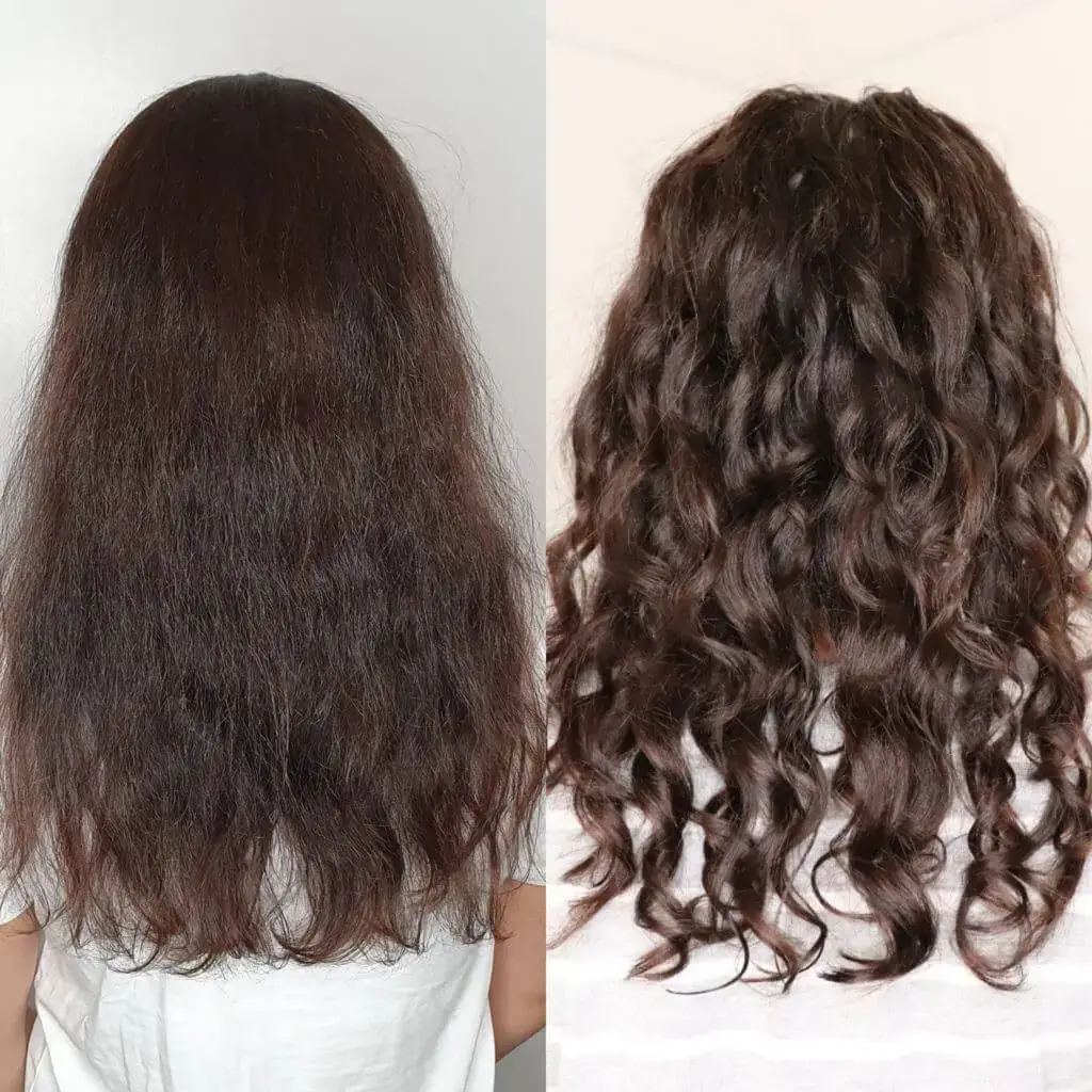 Before and after comparison of frizzy and styled curly hair.