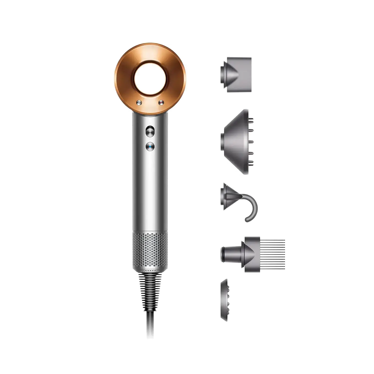 Two sleek, modern hair dryers with unique circular design.