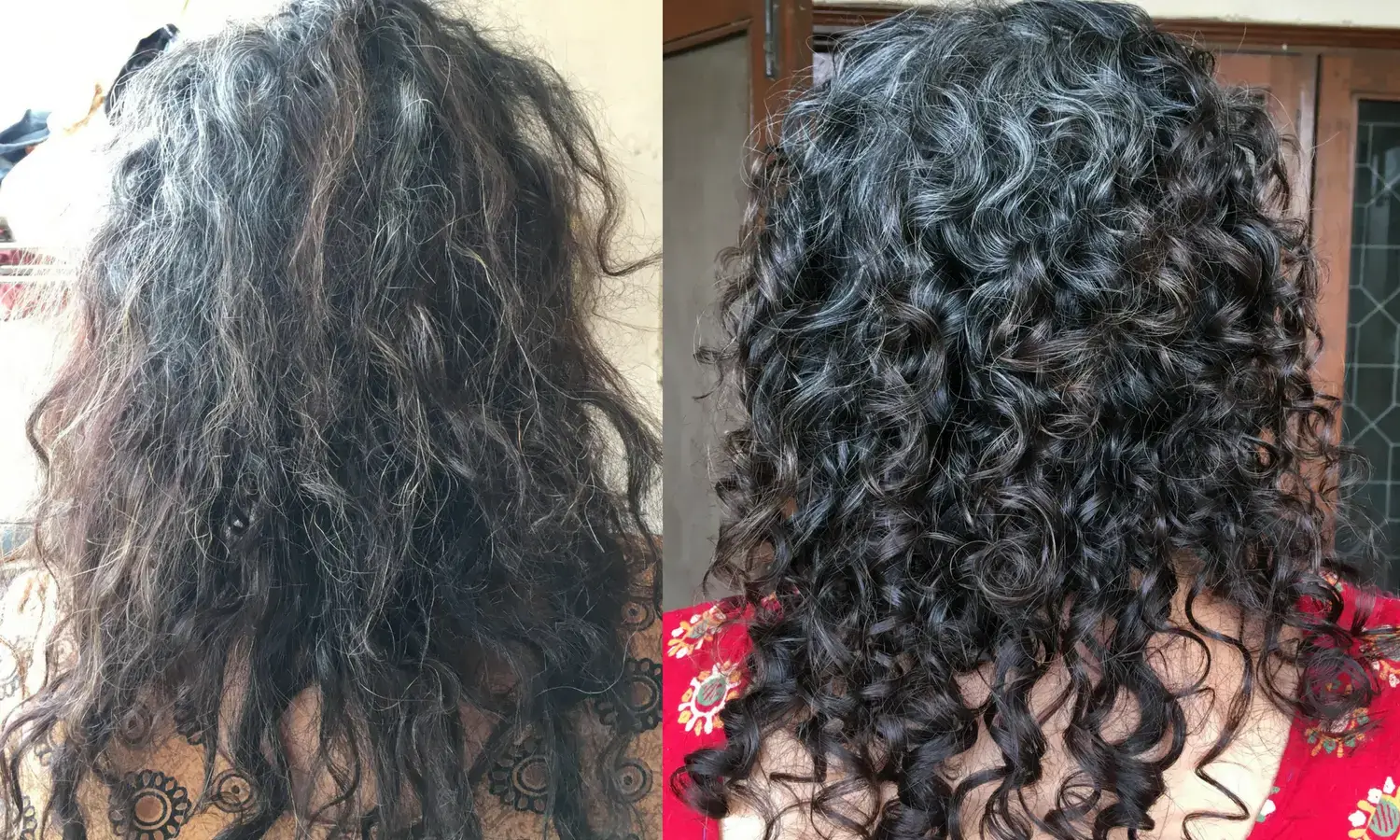 Before and after results of curly hair styling.