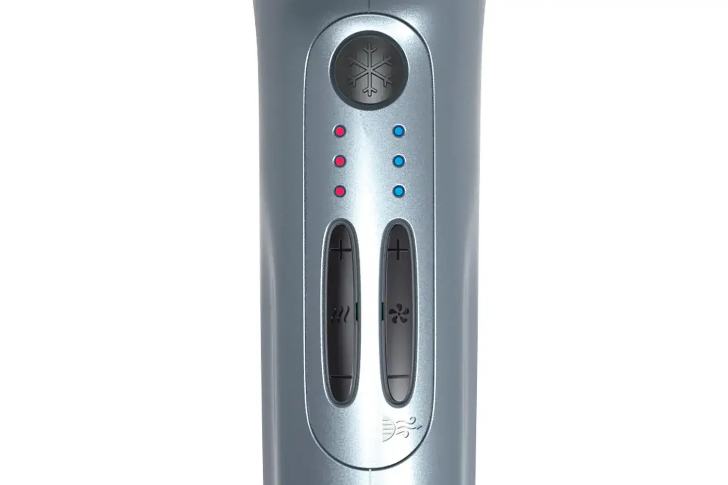 Close-up of a hairdryer with heat setting buttons.