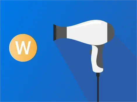 White hair dryer icon with letter 'W' on blue.