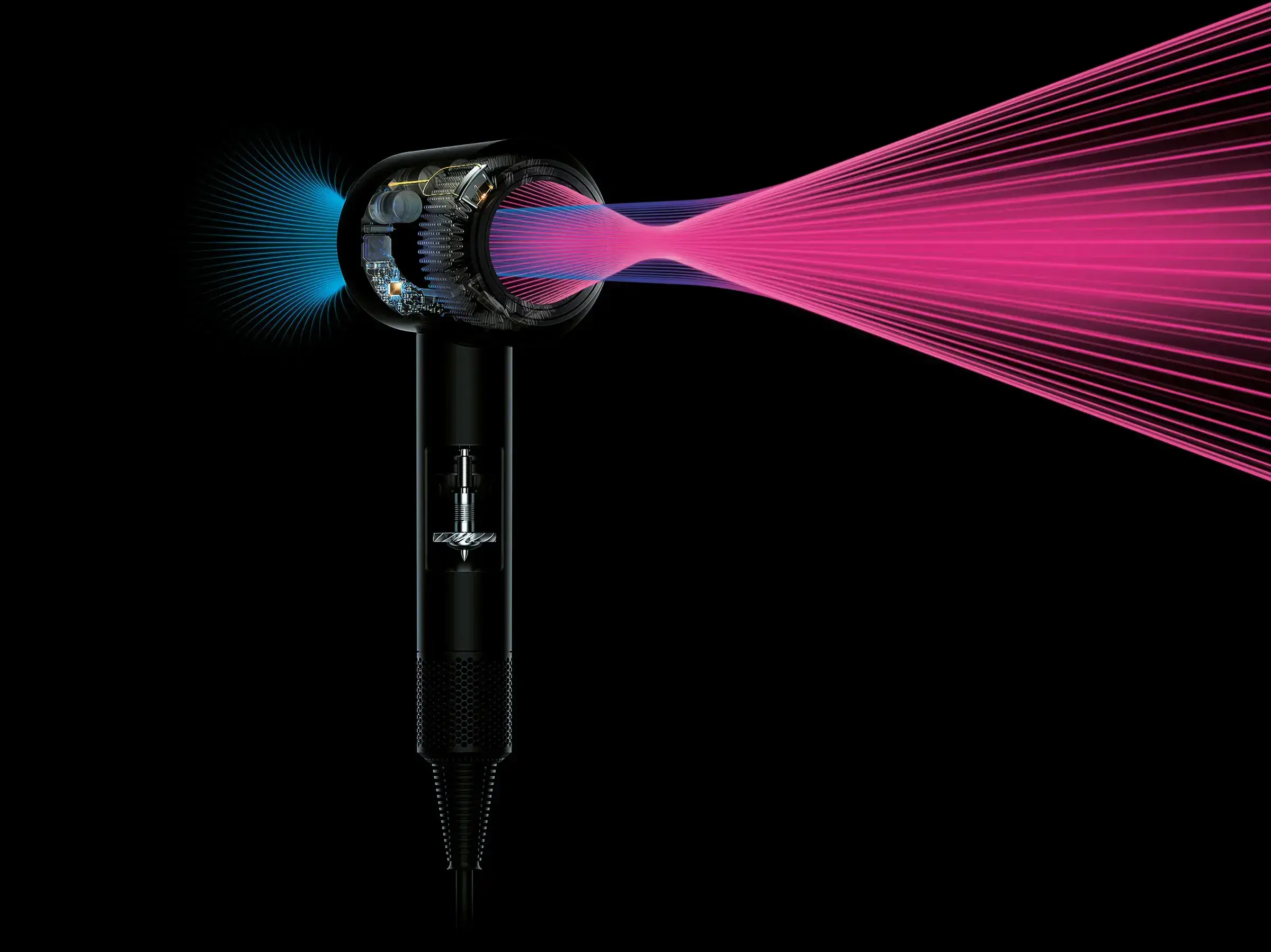 Ionic hair dryer with airflow visualization, technology emphasis.