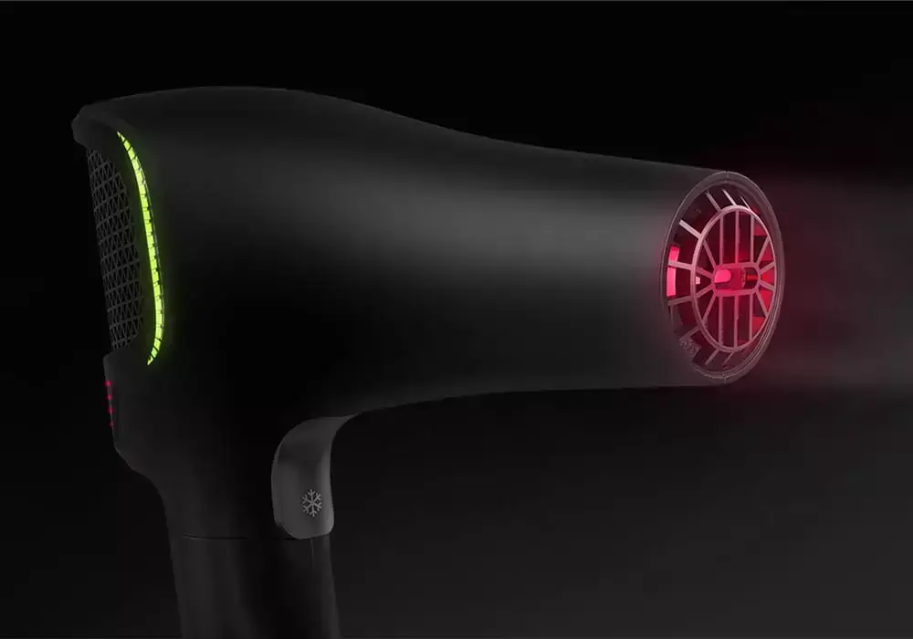 Sleek cordless hair dryer with innovative design and lighting.