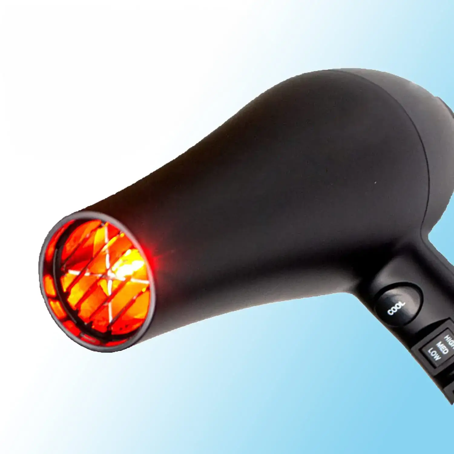 Infrared hair dryer with visible red heating elements.