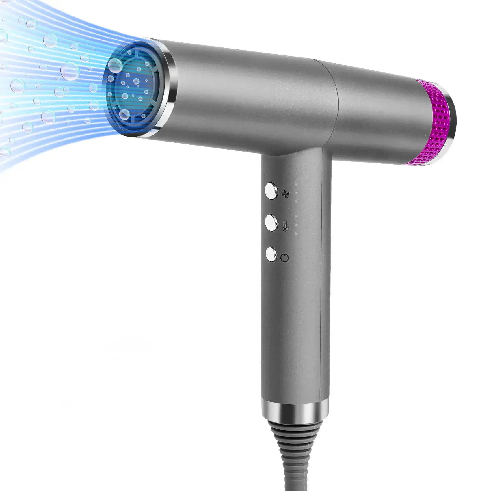 Hair dryer blowing cold air with visible airflow ionics illustration.