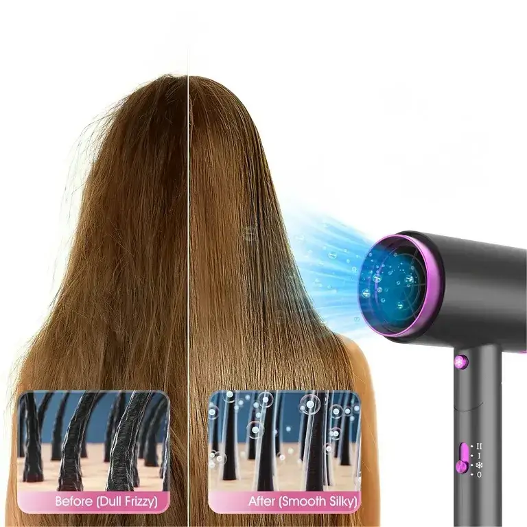 Side-by-side hair texture comparison, dryer effect demonstration.
