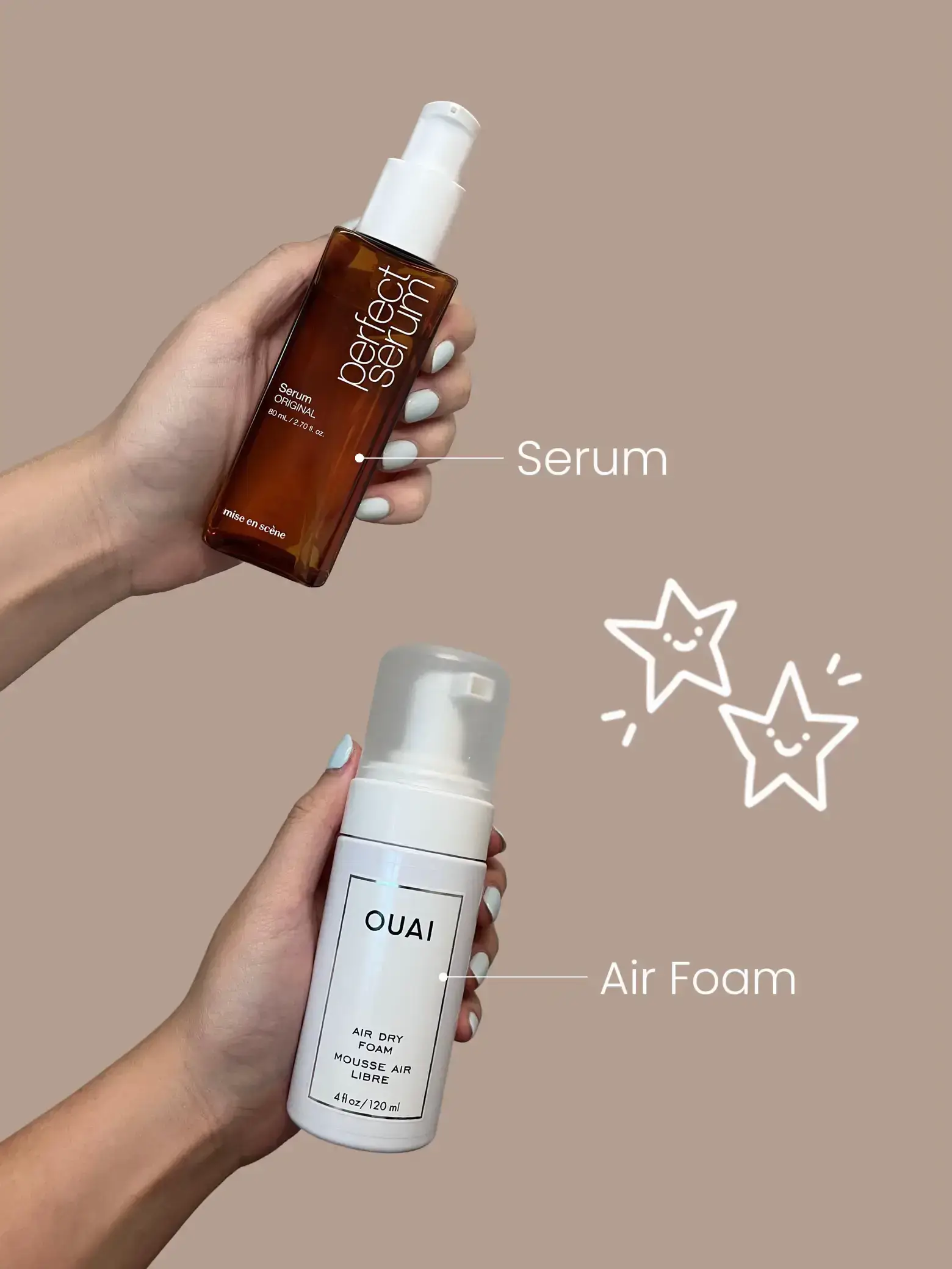 Serum and foam for hair styling.