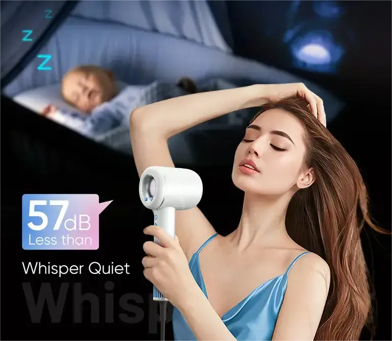 Woman drying hair with quiet hairdryer, baby sleeping nearby.