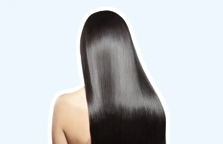 Shiny, straight, long black hair after styling.