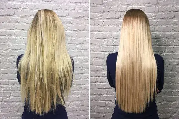 Before and after photos of straightened blonde hair.