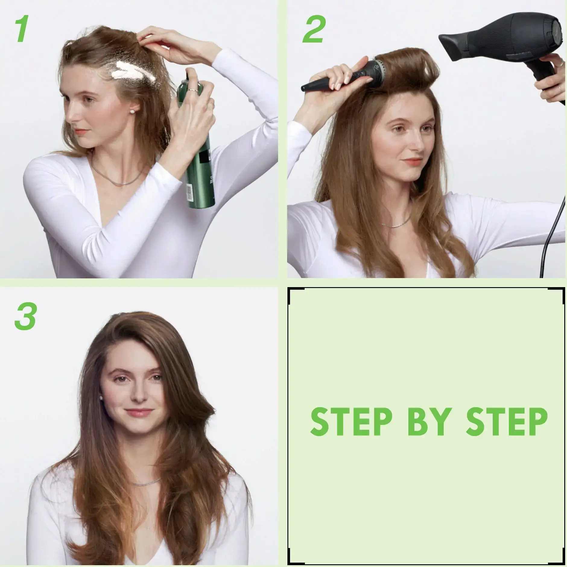Woman demonstrating hair volumizing steps with products and dryer.