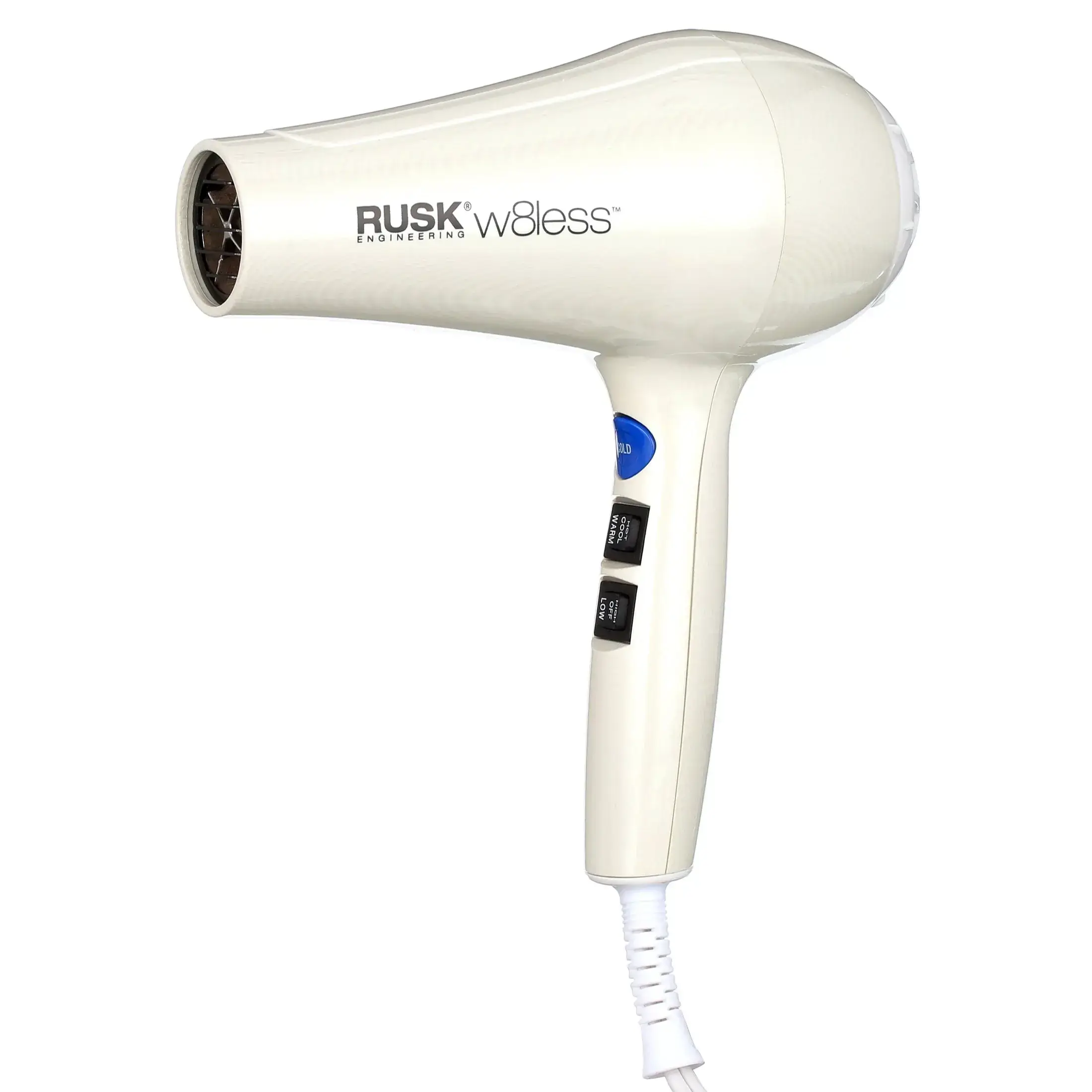 White Rusk W8less hair dryer with blue and black switches.