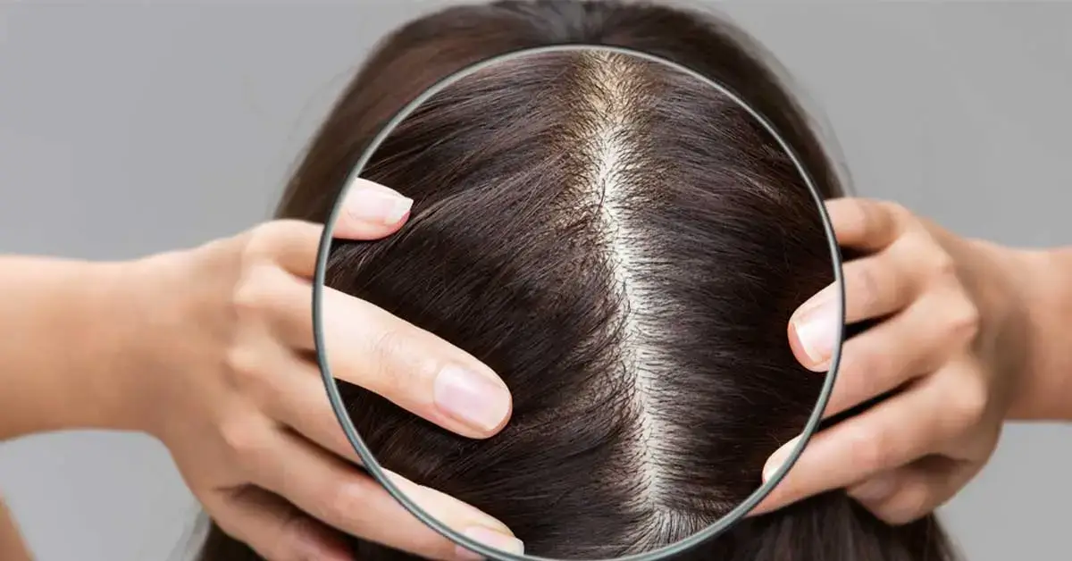 Examining scalp and hair health with a round mirror.
