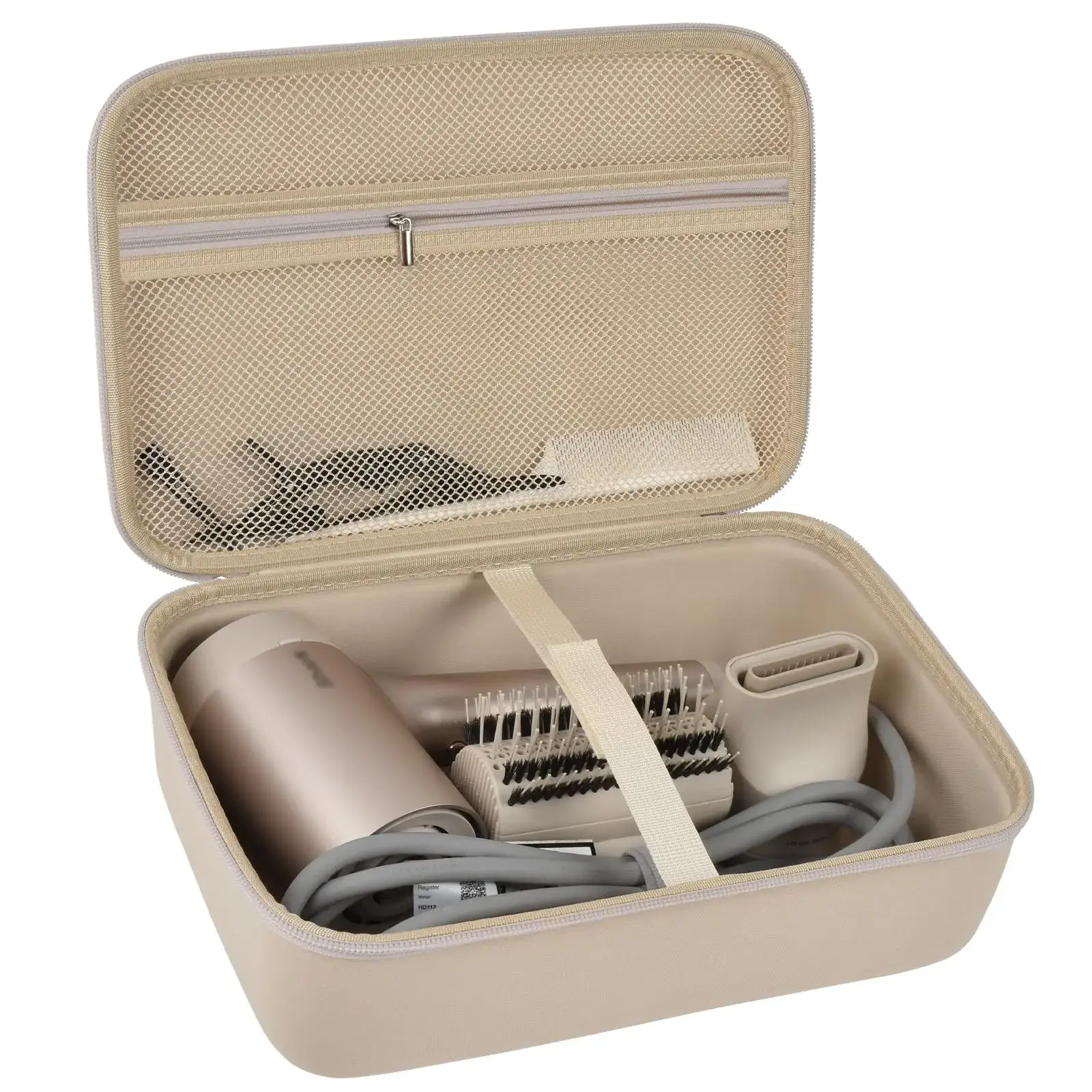 Travel case with hair dryer and brush neatly packed inside.