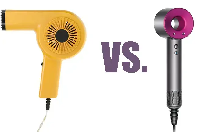 Yellow and purple hair dryers contrasted side by side.