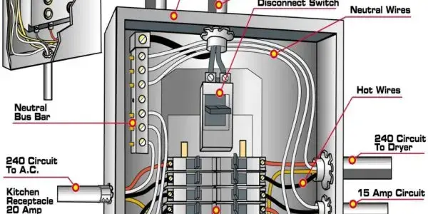 Diagram of a home electrical circuit breaker box.